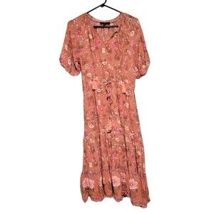 Lulu's Pink Floral Short Sleeve Midi Dress Size L Cottagecore Romantic Peasant